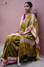 Pallava Kotpad natural dye saree flat lay — golden, off-white, 5.40m Tussar Cotton Silk, Pasapali