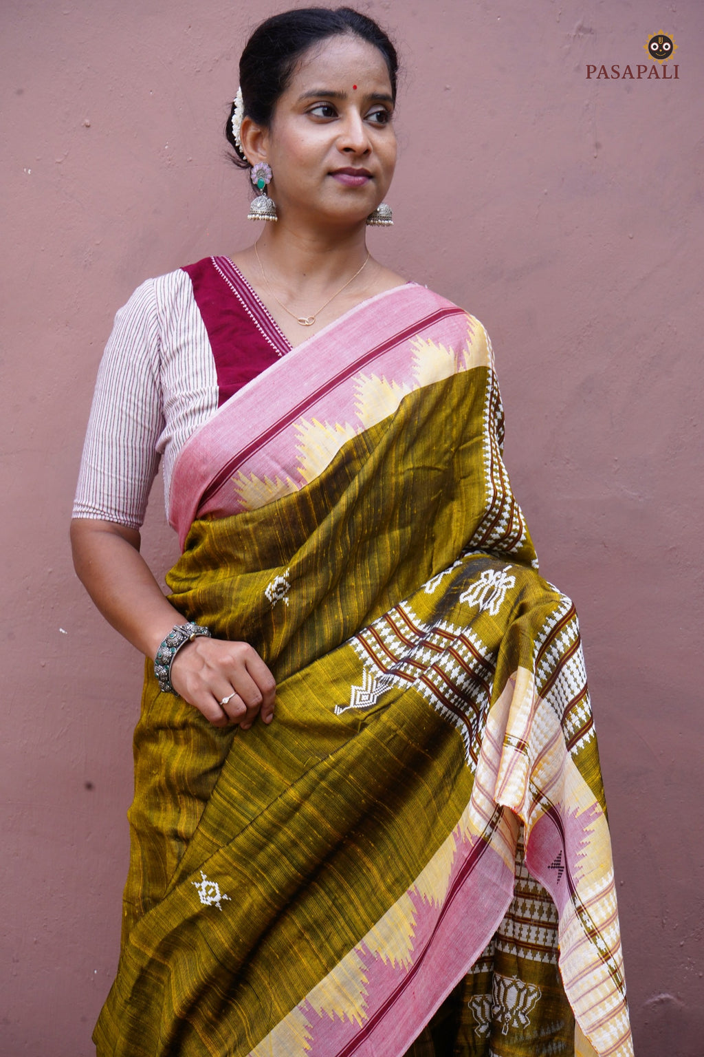Pallava saree drape view 2 — Kumbha border and body motifs, vegetable dyed Kotpad Tussar Cotton Silk