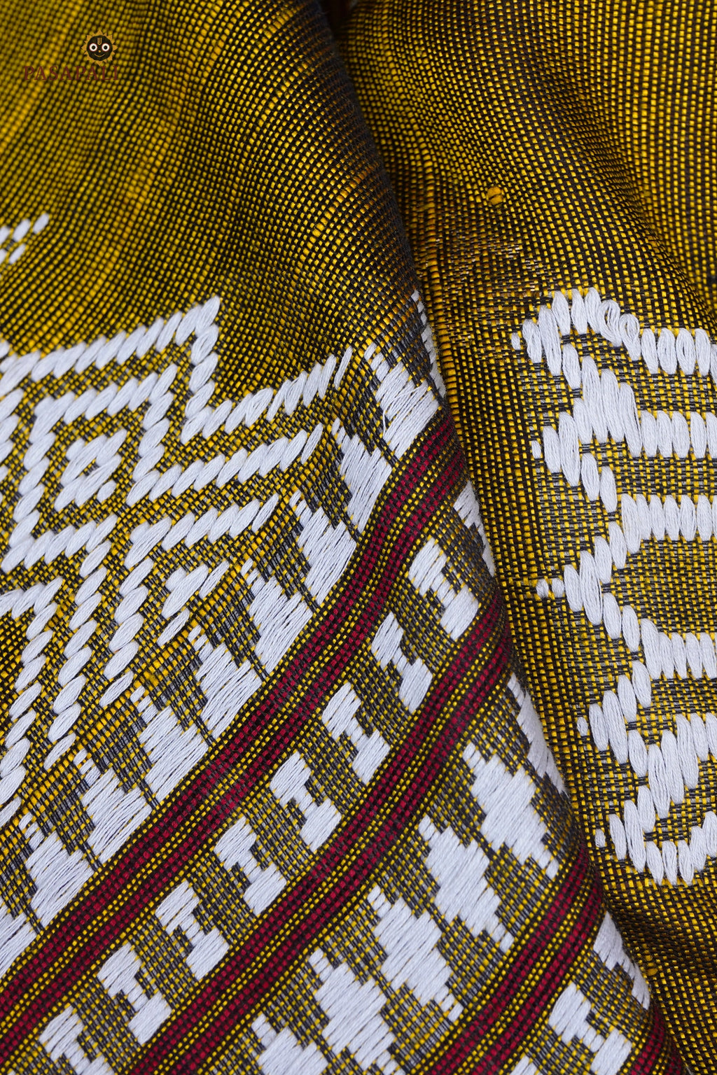 Pallava pallu 2 — pharsa axe tribal symbol, extra-weft Kotpad pallu, Tussar Cotton Silk Odisha