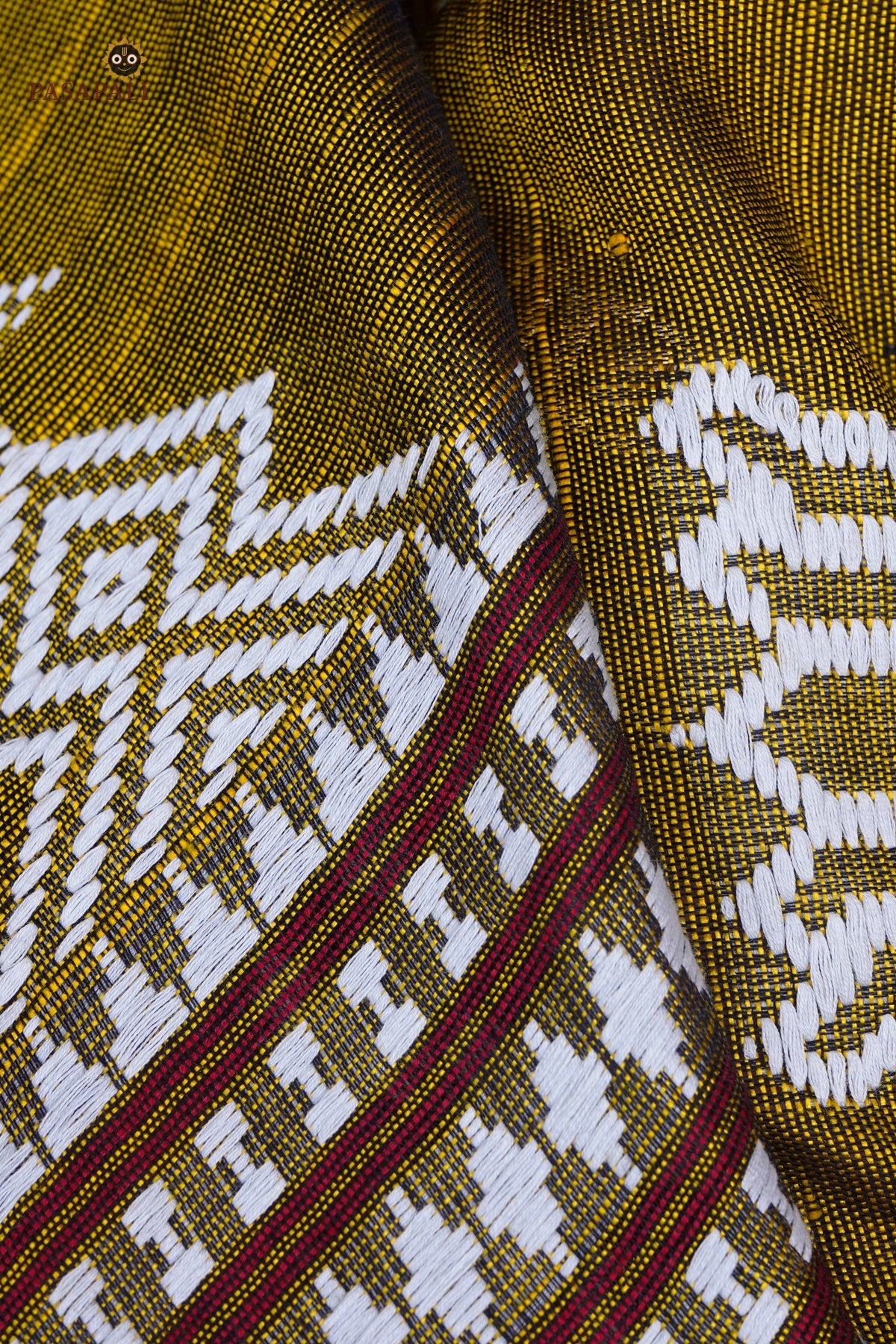 Pallava pallu 2 — pharsa axe tribal symbol, extra-weft Kotpad pallu, Tussar Cotton Silk Odisha
