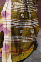 Pallava Kotpad natural dye saree front drape — golden off-white Tussar Cotton Silk, Kumbha border detail