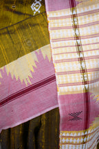 Pallava saree body weave — pharsa axe macha fish motifs on golden Tussar Cotton Silk, Mirgan weavers