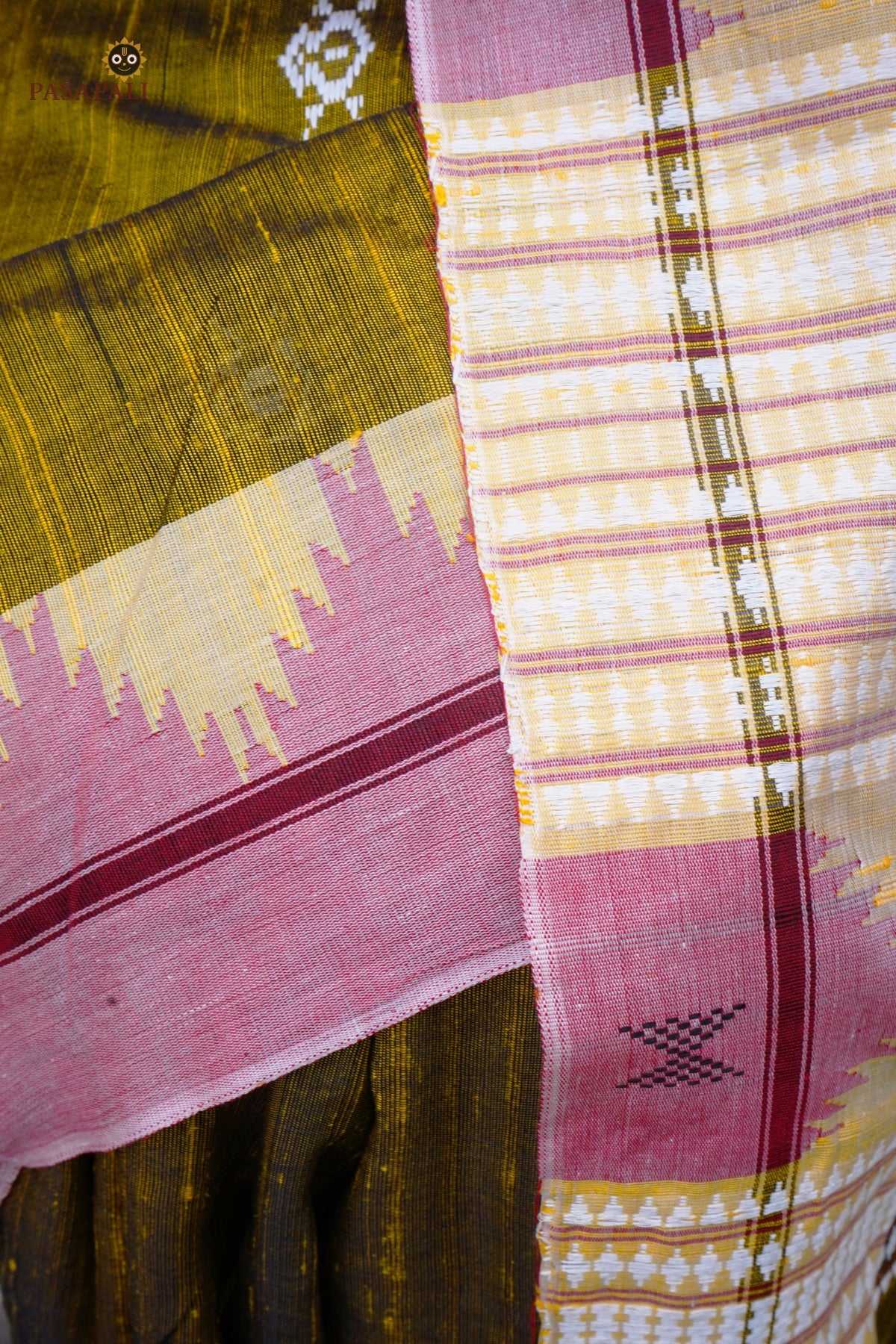 Pallava saree body weave — pharsa axe macha fish motifs on golden Tussar Cotton Silk, Mirgan weavers