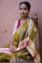 Pallava saree macha motif detail — fish symbol extra-weft woven in golden Kotpad Tussar Cotton Silk