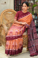 Load image into Gallery viewer, Pallisri flat lay — original Sambalpuri cotton saree in light brown, full length 5.40 m with blouse. Pasapali.
