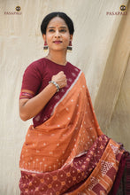 Load image into Gallery viewer, Pallisri folded saree — light brown Sambalpuri Bandha cotton saree with maroon accents and floral motifs. Pasapali.
