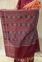 Load image into Gallery viewer, Pallisri motif detail — resist-dyed village hut and Phula ikat motifs on GI certified Sambalpuri cotton saree. Pasapali.
