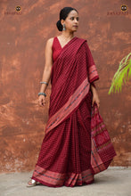 Load image into Gallery viewer, Parampara — Rudraksha border motif on maroon GI certified Sambalpuri Bandha cotton saree Pasapali
