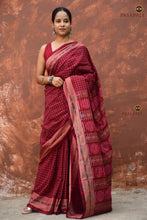 Load image into Gallery viewer, Parampara — folded saree showing full maroon Sambalpuri handloom Bandha weave and Rudraksha border Pasapali
