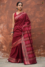 Load image into Gallery viewer, Parampara — draped view of GI certified maroon Sambalpuri cotton saree with jala checks by Pasapali
