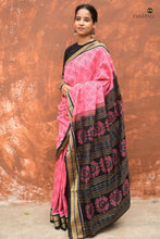 Load image into Gallery viewer, Parijata pink Sambalpuri Bandha mercerized cotton saree full view — Pasapali handloom, double ikat, rudraksha border, floral pallu
