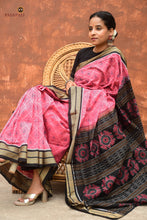 Load image into Gallery viewer, Parijata Sambalpuri cotton saree handloom drape view — pink and black Bandha ikat, Bhulia weavers Odisha, Pasapali
