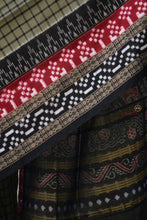 Load image into Gallery viewer, Pasarekha Grey Sambalpuri Bandha mercerized cotton saree by Pasapali — full hero view with check body and Rudraksha border
