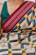 Load image into Gallery viewer, Pashika ikat saree Odisha handloom drape view — Bhulia woven Sambalpuri Bandha mercerized cotton in cream with maroon accents
