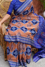 Pashini GI certified Sambalpuri cotton saree in brown — Bandha weave with Flower Buta and Rudraksha motifs, Pasapali