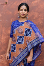 Load image into Gallery viewer, Pashini Brown Sambalpuri Bandha handloom cotton saree by Pasapali — full view with Flower pallu and Rudraksha border
