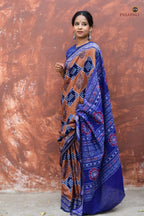 Pashini Brown Sambalpuri cotton saree draped front view showing Pasapali double ikat body and blue accents — Pasapali