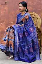 Handloom drape view of Pashini Sambalpuri Bandha cotton saree in brown and blue — authentic Sambalpuri, Pasapali