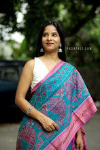 Load image into Gallery viewer, Odisha handloom saree in teal and pink with fish and conch motifs – Pasapali
