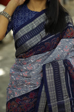 Load image into Gallery viewer, Neel Matsya - Sambalpuri Saree with Silver Fish &amp; Floral Motifs
