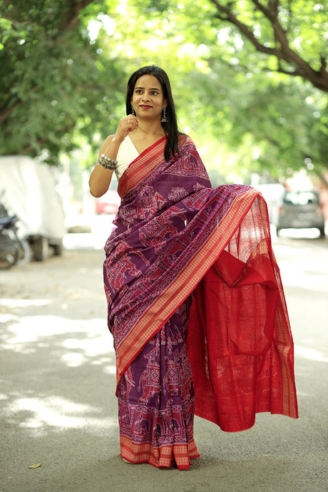 Purple Sambalpuri cotton saree with intricate elephant and tree motifs and elegant red border – Pasapali