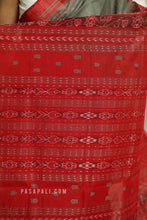 Load image into Gallery viewer, Matsyarekha - Mud Grey Cotton Phoda Kumbha Sambalpuri Saree with Fish Motifs and Red Temple Border
