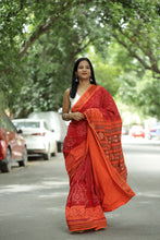 Load image into Gallery viewer, Mercerized Cotton Sambalpuri Saree Gaja Bandha Red &amp; Orange - Pasapali
