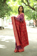 Load image into Gallery viewer, Pasapali purple cotton saree with elephant motifs and red border blending heritage with modern grace

