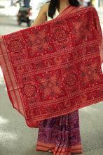 Load image into Gallery viewer, Authentic handloom purple cotton saree with intricate tree patterns and elegant red border – Pasapali
