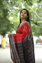 Load image into Gallery viewer, Luxury Sambalpuri cotton saree in festive red featuring spiritual Laxmi Yantra symbols – Pasapali
