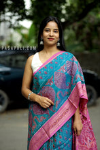 Load image into Gallery viewer, Neelshankha - Teal Blue Mercerized Cotton Sambalpuri Saree with Fish &amp; Shankh Motifs and Pink Star Border
