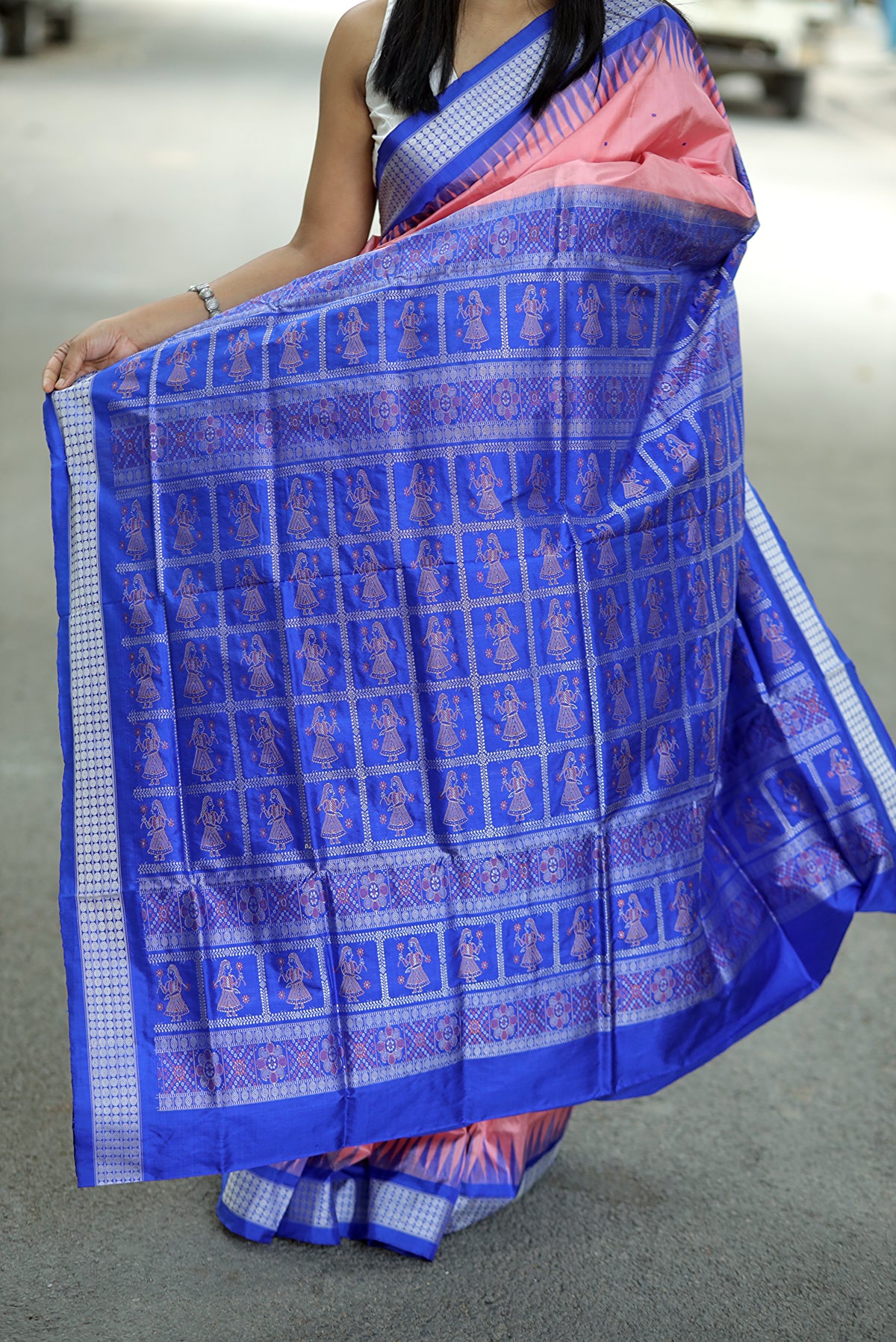 Mulberry Silk Sambalpuri Saree | Nritya Kanya Pink & Blue - Pasapali