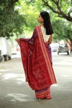 Load image into Gallery viewer, Pasapali handwoven purple Sambalpuri saree showcasing elephant and tree motifs on pure cotton fabric
