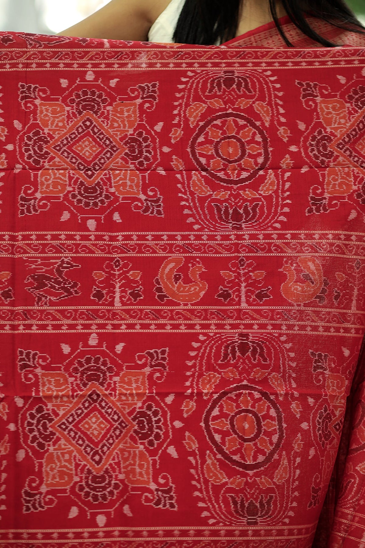 Purple cotton handloom saree with symbolic elephant motifs and striking red border – Pasapali