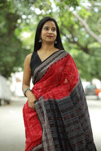 Load image into Gallery viewer, Sacred red Sambalpuri cotton saree with Laxmi Yantra motifs and Rudraksh border – Pasapali
