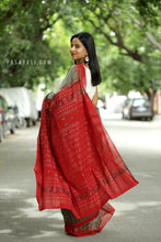 Load image into Gallery viewer, Matsyarekha - Mud Grey Cotton Phoda Kumbha Sambalpuri Saree with Fish Motifs and Red Temple Border
