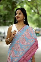 Load image into Gallery viewer, NeelPriya - Light Sky Blue Mercerized Cotton Sambalpuri Saree with Fish &amp; Shankh Motifs
