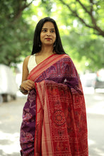 Load image into Gallery viewer, Purple Sambalpuri cotton saree with intricate elephant and tree motifs and elegant red border – Pasapali
