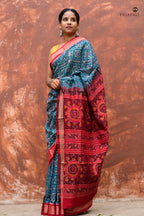 Phuljaal teal blue Sambalpuri Bandha mercerized cotton saree — full hero view, Pasapali