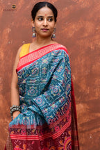 Phuljaal teal blue Sambalpuri cotton saree — front drape with phula body motifs, Pasapali