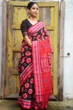 Pramodini Red Sambalpuri Handloom mercerized cotton saree with Pasapali double ikat body and rudraksha border — Pasapali