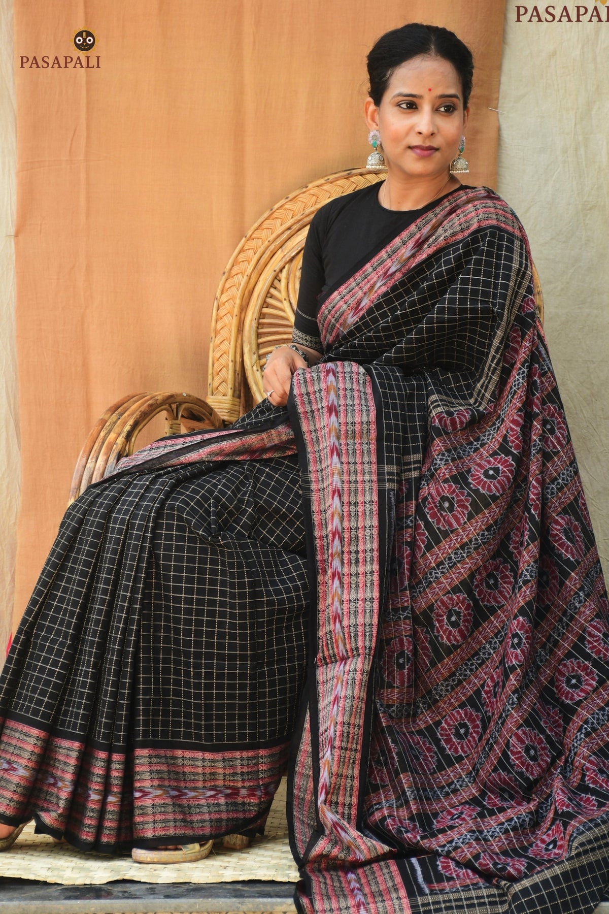 Purvasha Black Sambalpuri Bandha saree body detail — jala technique checks in mercerized cotton, Pasapali