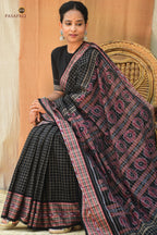 Purvasha Sambalpuri handloom saree weave texture — Bandhakala process in black mercerized cotton, Pasapali
