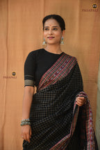 Purvasha Black Sambalpuri cotton saree pallu close-up — ikat patterns in Bandha technique, GI certified, Pasapali
