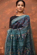 Load image into Gallery viewer, Pushpanjali bluish black ikat saree Odisha — full view with blouse piece, Pasapali handloom
