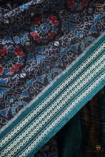 Load image into Gallery viewer, Pushpanjali bluish black Sambalpuri cotton saree — full hero view, Bandha double ikat, Pasapali
