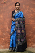 Rajani blue Sambalpuri cotton saree — full hero view, Bandha double ikat, rudraksha border, Pasapali handloom Odisha