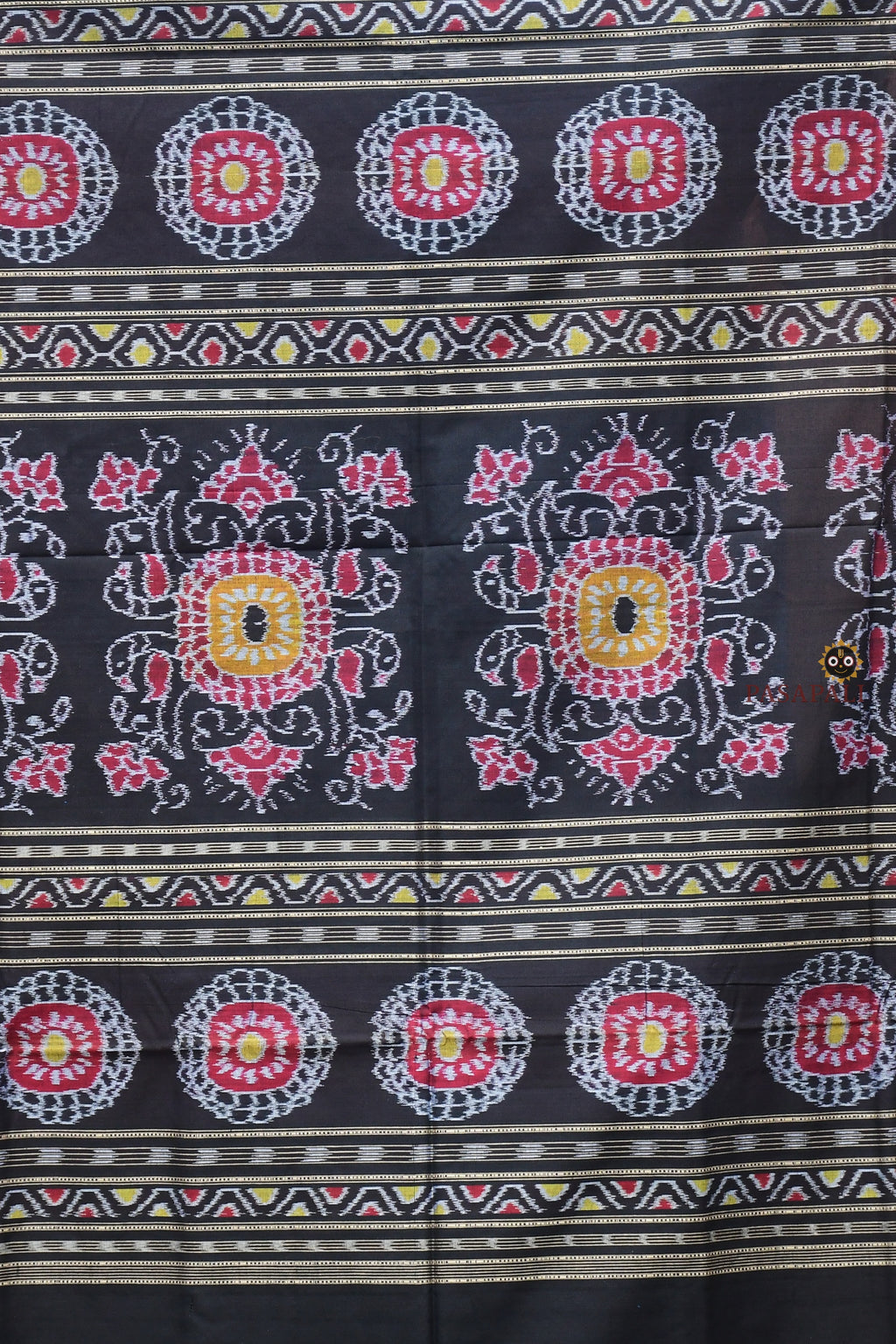 Rajani blue Sambalpuri Bandha saree flat lay — full length 5.40m with blouse, rudraksha border, Pasapali handloom