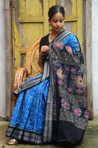 Rajani blue Sambalpuri Bandha saree front drape — bird and phula pallu motif, mercerized cotton, Pasapali