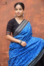 Rajani pallu close-up — bird, jhoti and phula motifs in blue-black double ikat, GI certified Sambalpuri saree Pasapali